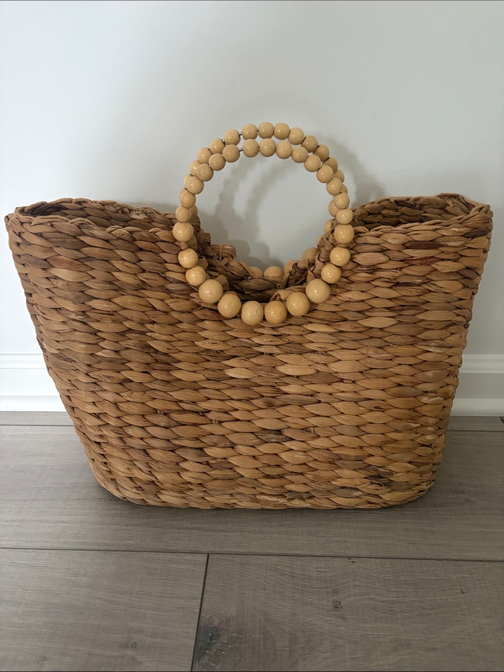 A New Day Woven Straw Tote with Wooden Bead Handles - Brown